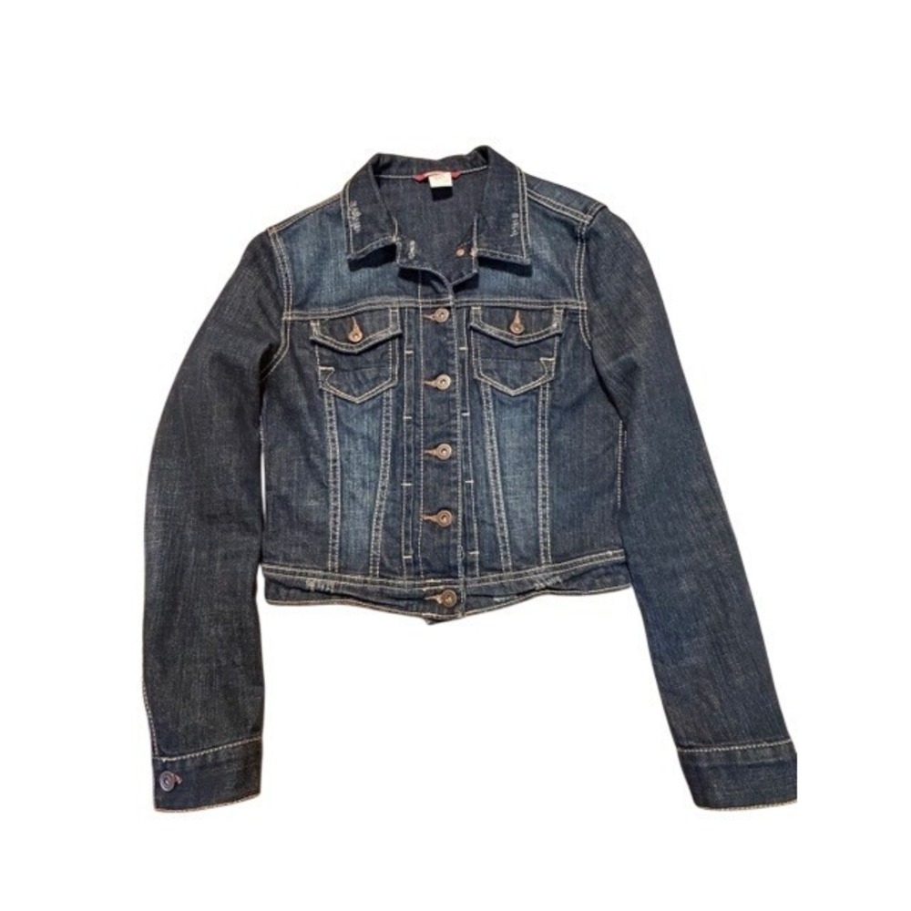 Unionbay Womens Dark Wash Distressed Cropped Denim Trucker‎ Jacket Stretch Small